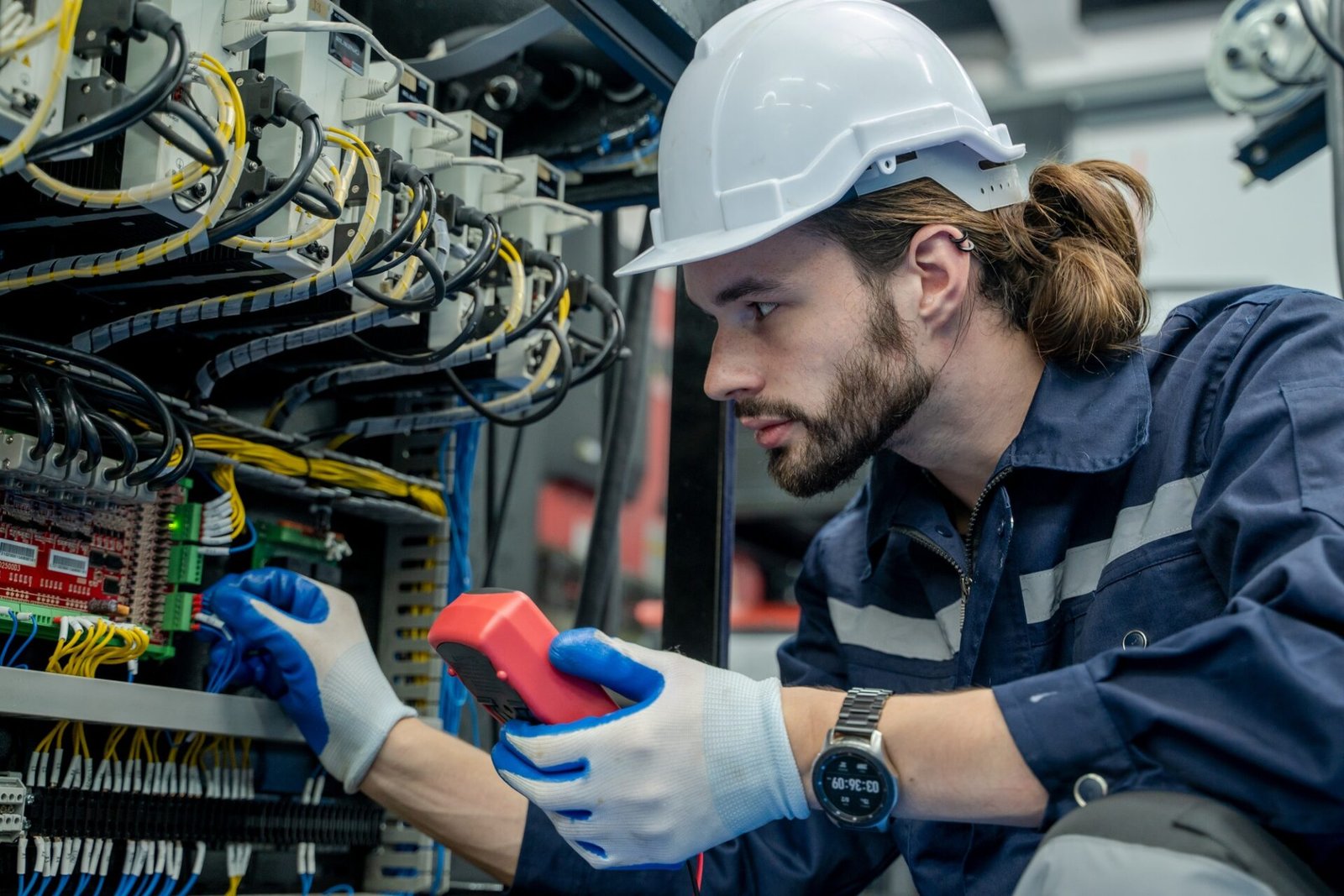 Les ingénieurs électriciens utilisant les mesurer avec un test multimètre des installations électriques et un câblage sur les relais de protection.