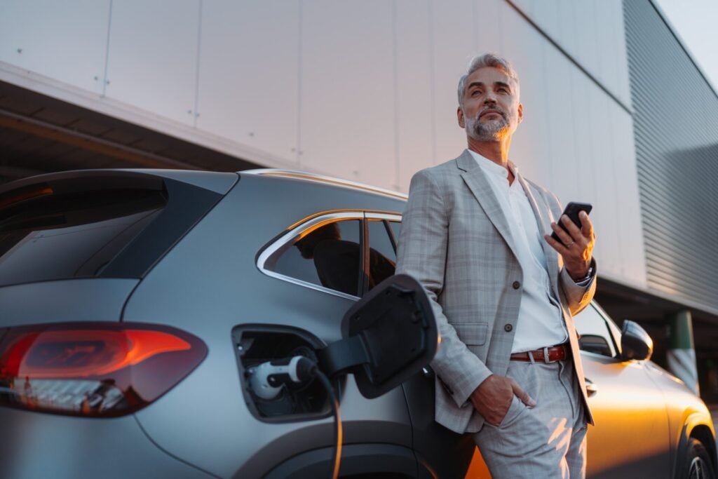 Un homme d'affaires détenant un smartphone tout en chargeant une voiture à la station de charge de véhicules électriques, Clatep.