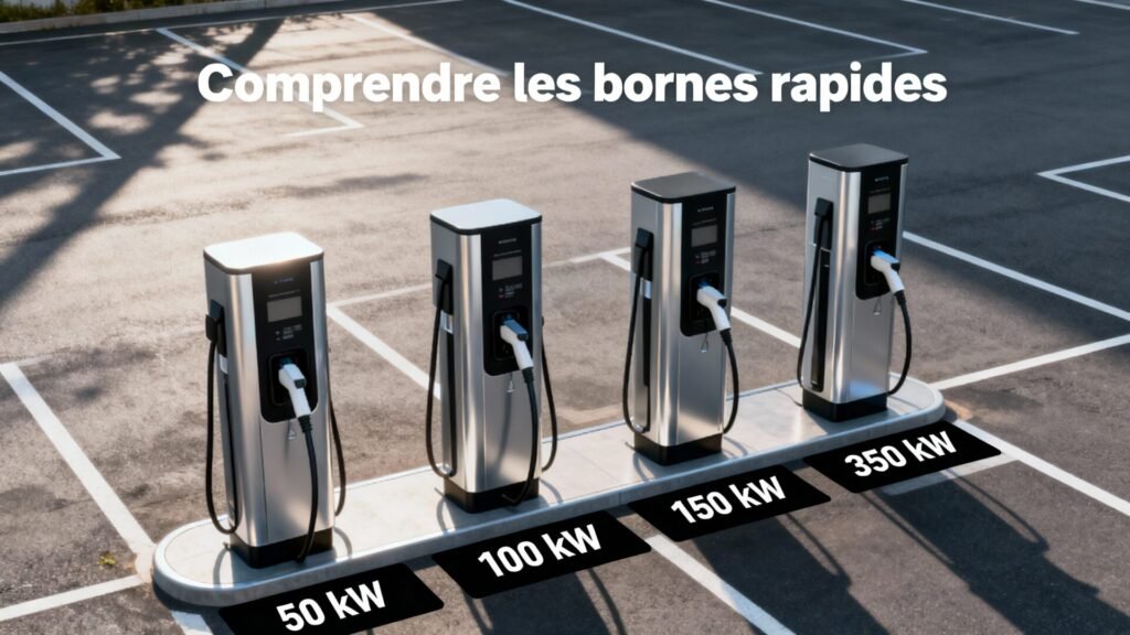 Comprendre les bornes rapides dc : 50, 100, 150, 350 kw with text