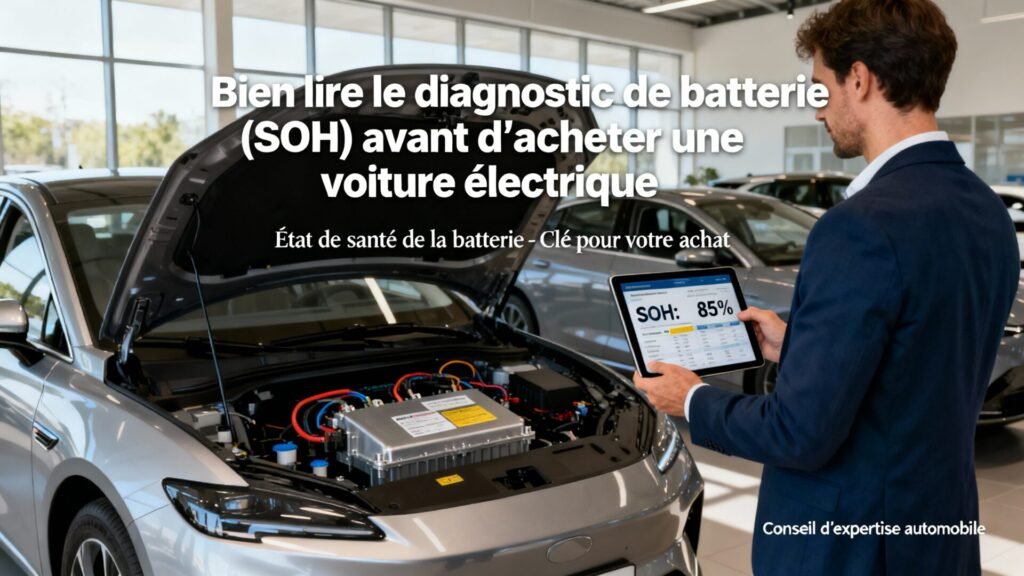 Bien lire le diagnostic de batterie (soh) avant d'acheter une voiture électrique with text
