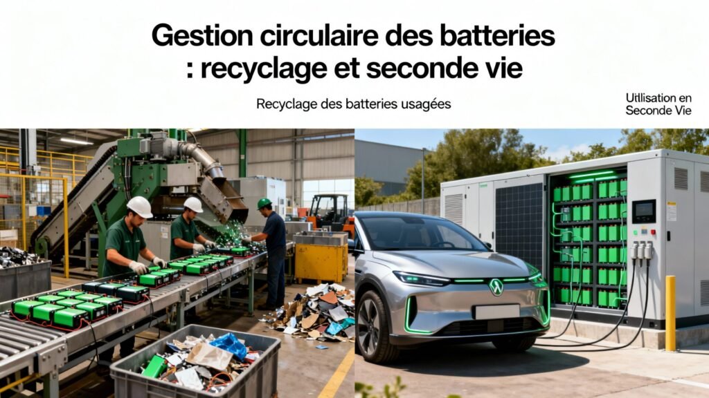 Gestion circulaire des batteries : recyclage et seconde vie with text
