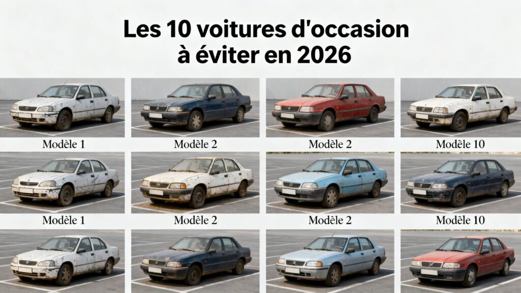 Les 10 voitures d'occasion à éviter en 2026 with text