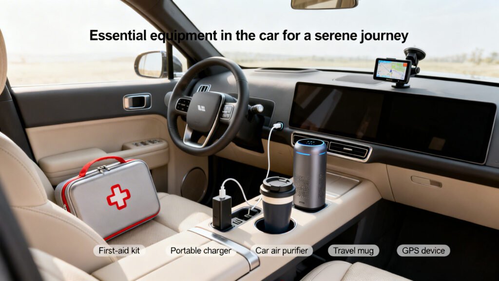 Équipement indispensable dans la voiture pour voyager serein with text