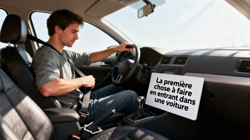 La première chose à faire en entrant dans une voiture with text
